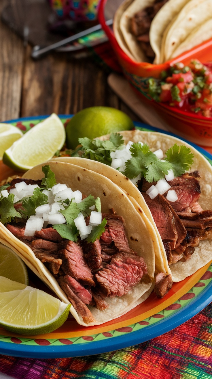 A colorful plate of Carne Asada Street Tacos with skirt steak, cilantro, onions, and lime wedges.